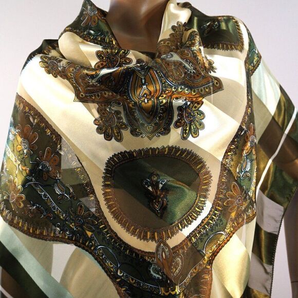 Fashion BanDo Womens Scarf Geometric Floral 40 x 40 Square Green Brown - Picture 3 of 11